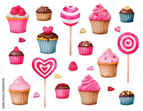 A set of cupcakes and sweets. Collection of watercolor elements for design of cards, invitations, menus, logos, labels, tags. Cliparts for Valentine's Day, birthday, wedding, children's holiday.