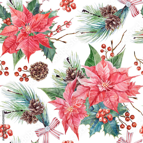 Watercolor hand-painted holiday seamless pattern. New Years`pattern with poinsettia flowers, holly, pine branches, berries, and pine cones on a transparent background.