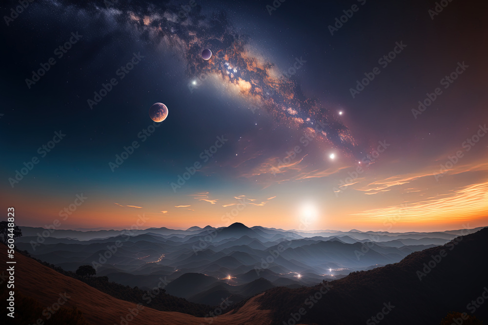 Fototapeta premium Gorgeous milky way, moon and sun in starry sky with the light of dawn at Doi Mon Jong, Chiangmai, Thailand. Generative AI