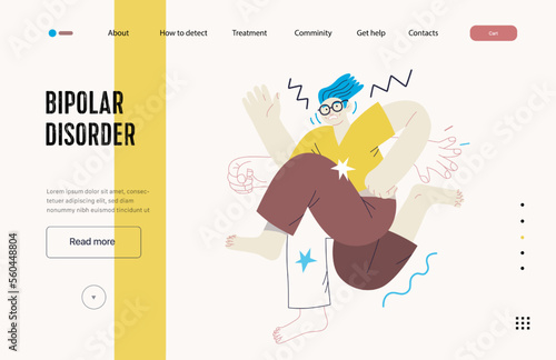 Mental disorders web template. Bipolar disorder - modern flat vector illustration of a man meeting with a mental disease, hyperactivity. People emotional, psychological, mental traumas concept