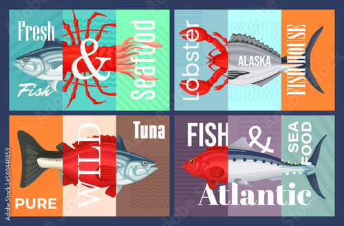Fish seafood banner restaurant cafe advertising menu set vector flat illustration