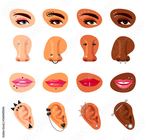 Face piercing beauty metallic accessories on white dark skin body parts set vector flat illustration