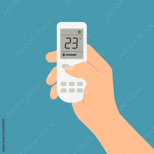 Male hand holding air conditioner controller with buttons and display,  vector on green background