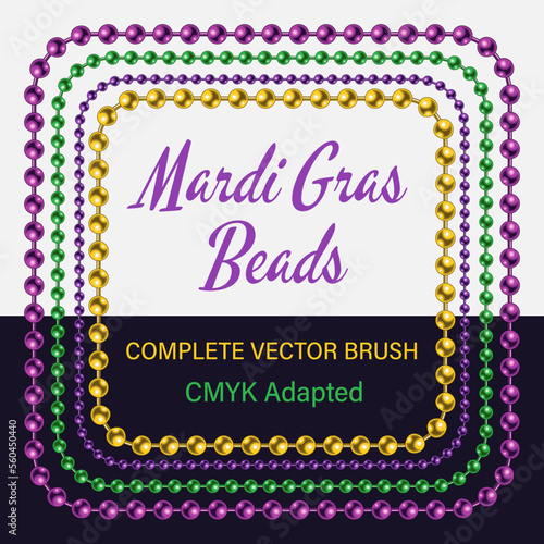 Set of seamless pattern brushes with Mardi Gras beads. Brush with corners, end and start tiles. Design element in traditional colors on white, black background. CMYK adapted