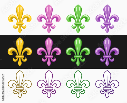 Fleur de lis set. Fleur de lys icons in different styles. Illustration for Mardi Gras carnival. Royal French heraldry symbol.