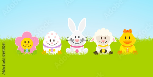 Weißer Osterhase & Freunde Mit Ente Wiese Himmel