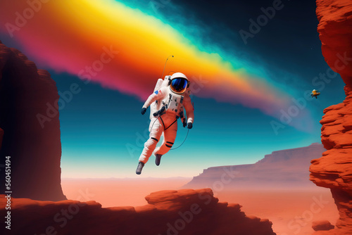 Astronaut flying on Mars surface. Generative AI photo