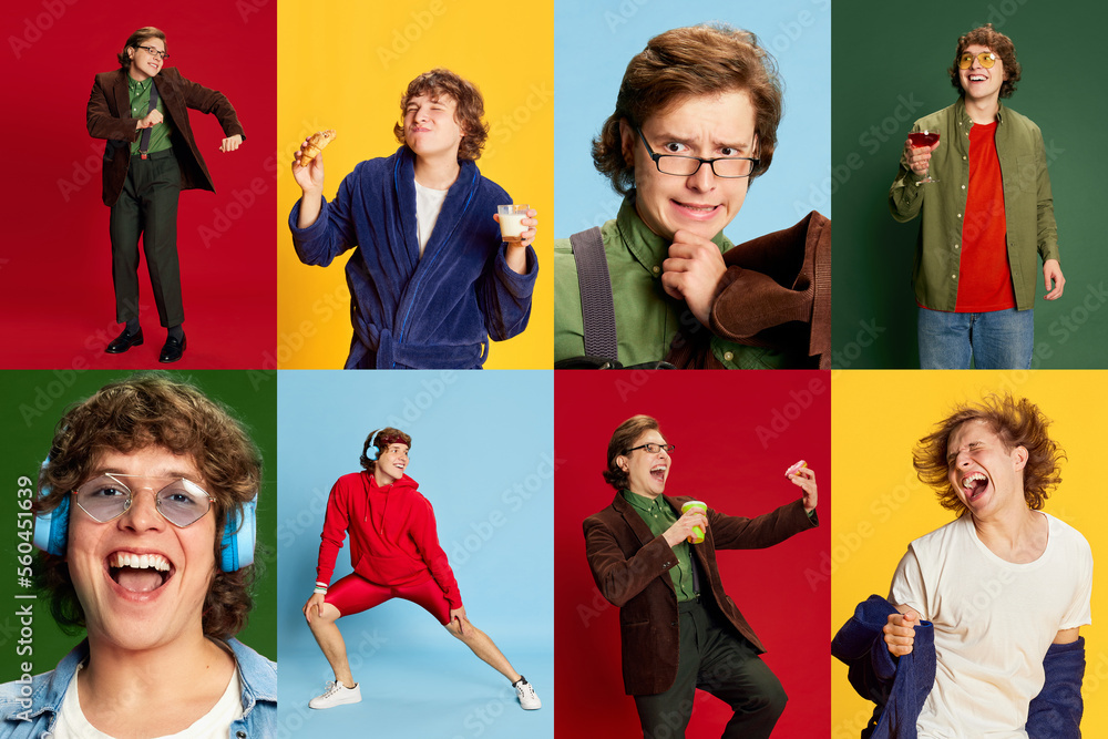 Obraz premium Photo set collage of portraits of emotional young man in diverse clothes expressing only positive happy emotions. Concept of fashion, emotions, lifestyle