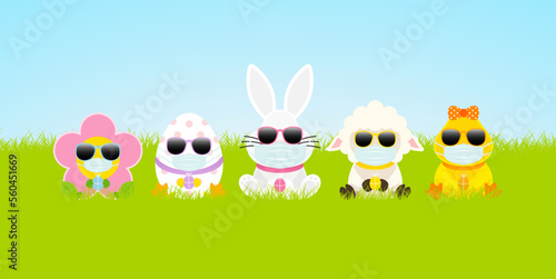 Weißer Osterhase & Freunde Mit Ente Maske Sonnenbrille Wiese Himmel
