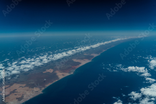 Aerial landscape view of Somalian coastline around the City of Baraawe   the Capital of the South West State of Somalia in the Lower Shebelle region located at Indian Ocean with Baraawe Airport