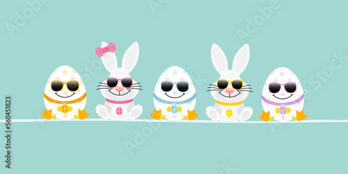 Sitzende Weiße Osterhasen Junge & Mädchen Mit 3 Ostereiern Sonnenbrille Banner Türkis