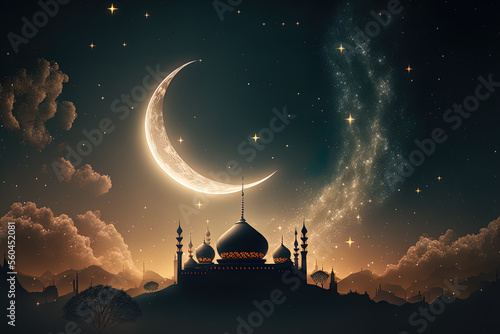 Moon, stars, and the night sky at Ramadan Kareem celebration. Generative AI