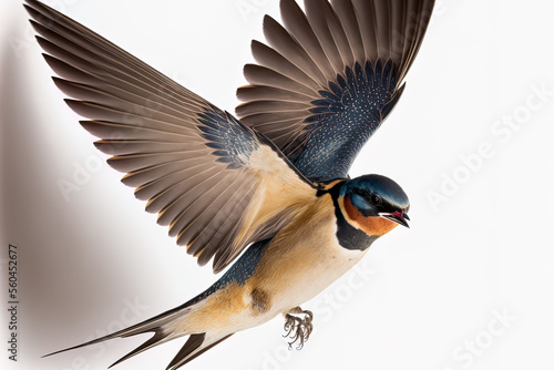 Barn Swallow Flying wings spread, bird, Hirundo rustica, flying against white background. Generative AI