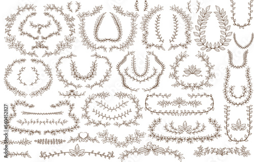 Floral decorative vector frames and laurels set, luxury banners and ornaments