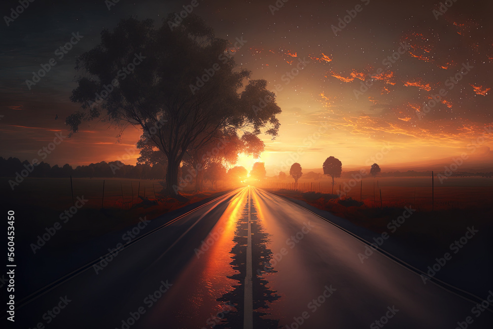 Beautiful scenery, with the sunrise over the road. Generative AI
