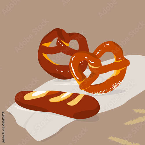 Crispy bread and pretzels in bakery