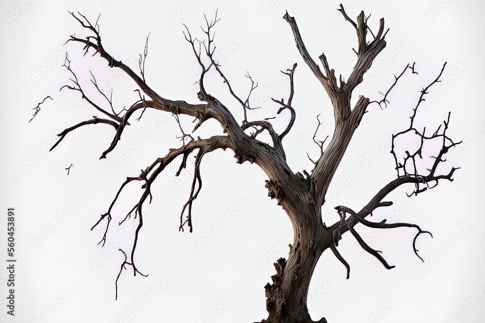 Fototapeta premium Dead tree limb with fractured, dark colored bark. lovely tree branch that has dried out, isolated on a white backdrop. one ancient, dead tree. Forest dry wooden stick, isolated on a white backdrop