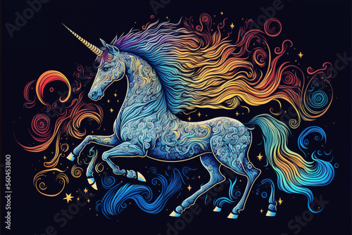 Colorfull unicorn in a psychedelic style background, generative ai. © Asman