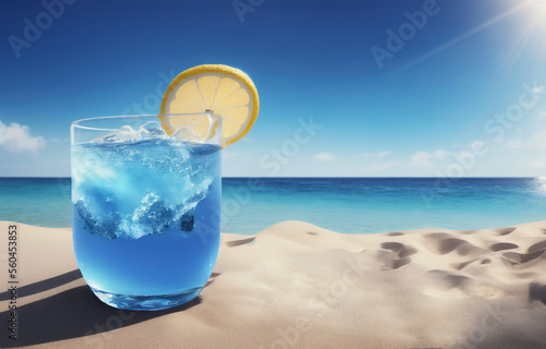 closeup of glass with blue drink with ice and lemon sitting at the beach with sun glow, generative AI
