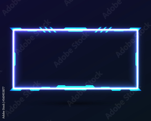 Futuristic neon blue stream overlay webcam screen frame template with glow effect