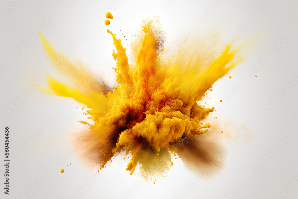 Explosion of yellow powder on a white background. Generative AI Explosion of yellow powder on a white background. Generative AI