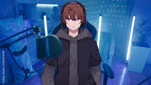 Male anime vtuber otaku with headphones in cyberspace bedroom stream online dakimakura waifu in background 4K