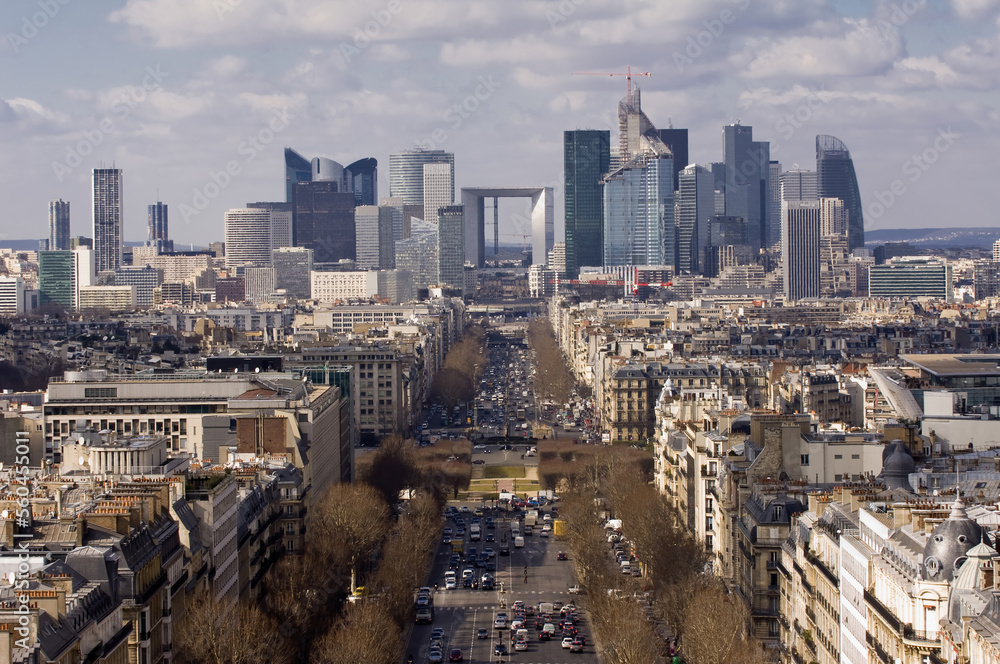 View over the Avenue of la Grande Armee, Foch Avenue and la Defense business district, Paris, France