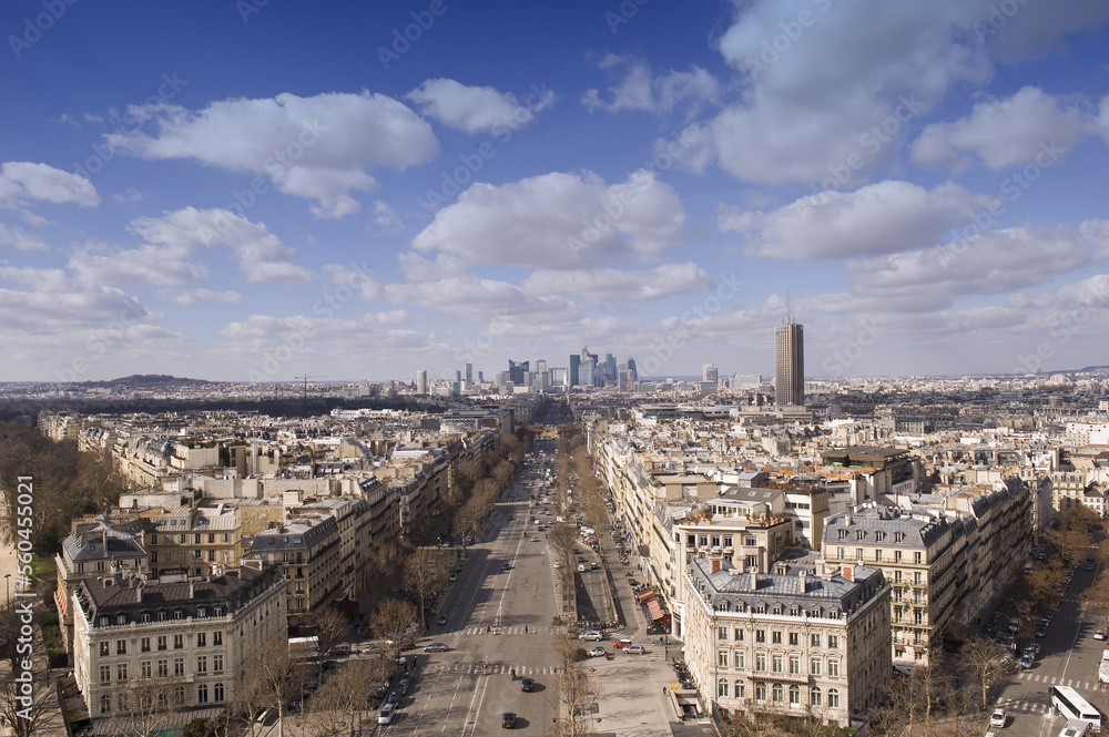 View over the Avenue de la Grande Armee and the La Defense Business district, Paris, France