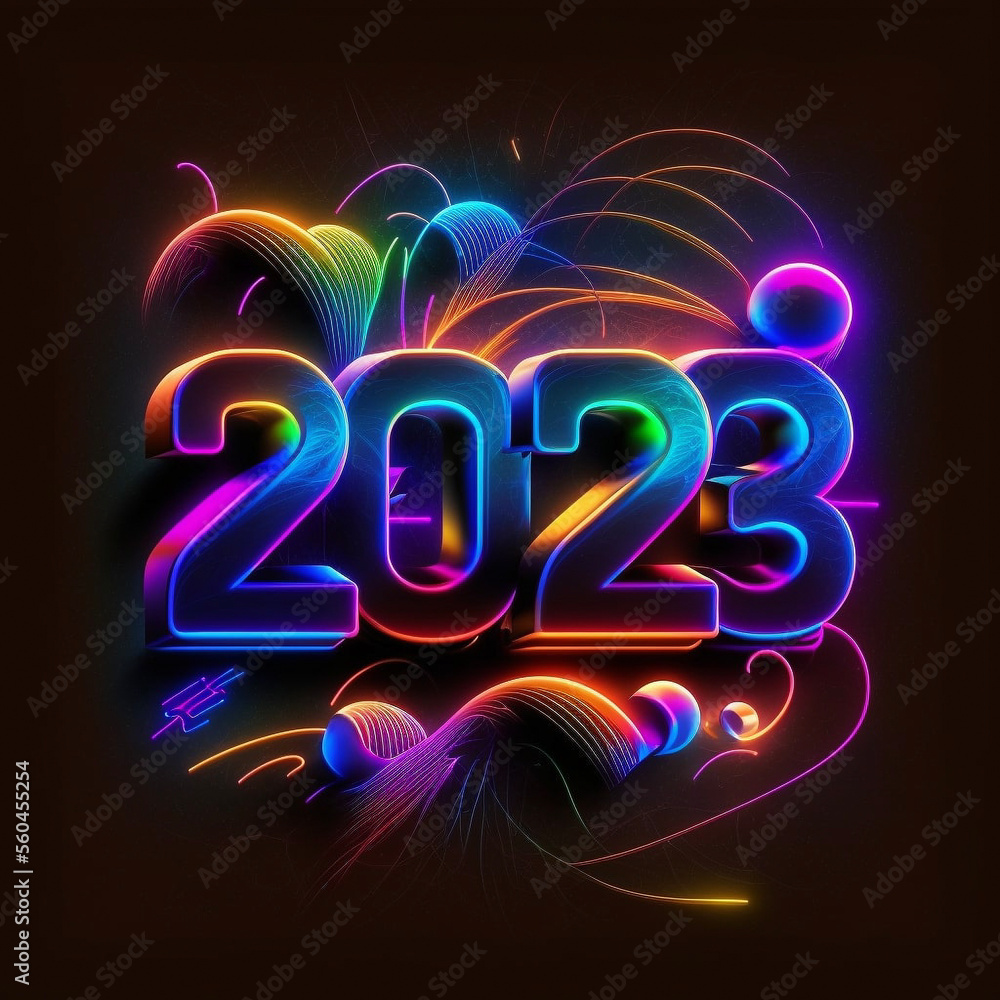 2023 brightly lit neon typography on dark background 2023 brightly lit neon typography on dark background