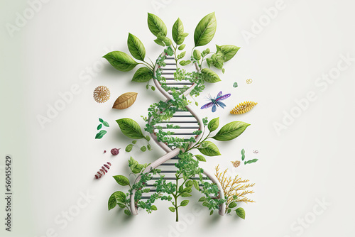 Fotografia Biology laboratory nature and science, plant and environmental study, DNA, gene therapy, and plants with biochemistry structures on white backgrounds
