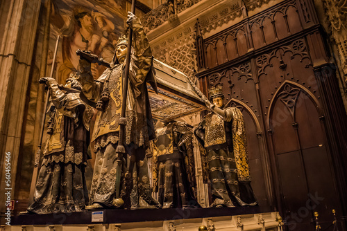 Tomb of Christopher Columbus carried by four heralds representing the four crowns of Spain inside of Sanit Mary of See, Seville SPAIN photo