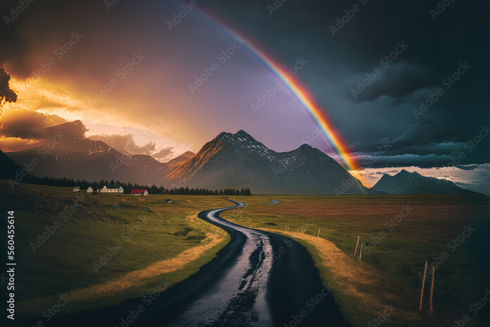 Amazing mountain scene in the summer. lush, grassy pastures with gorgeous twilight light. a rural road with a stunning rainbow under a dark sky. photography of the outdoors. Generative AI