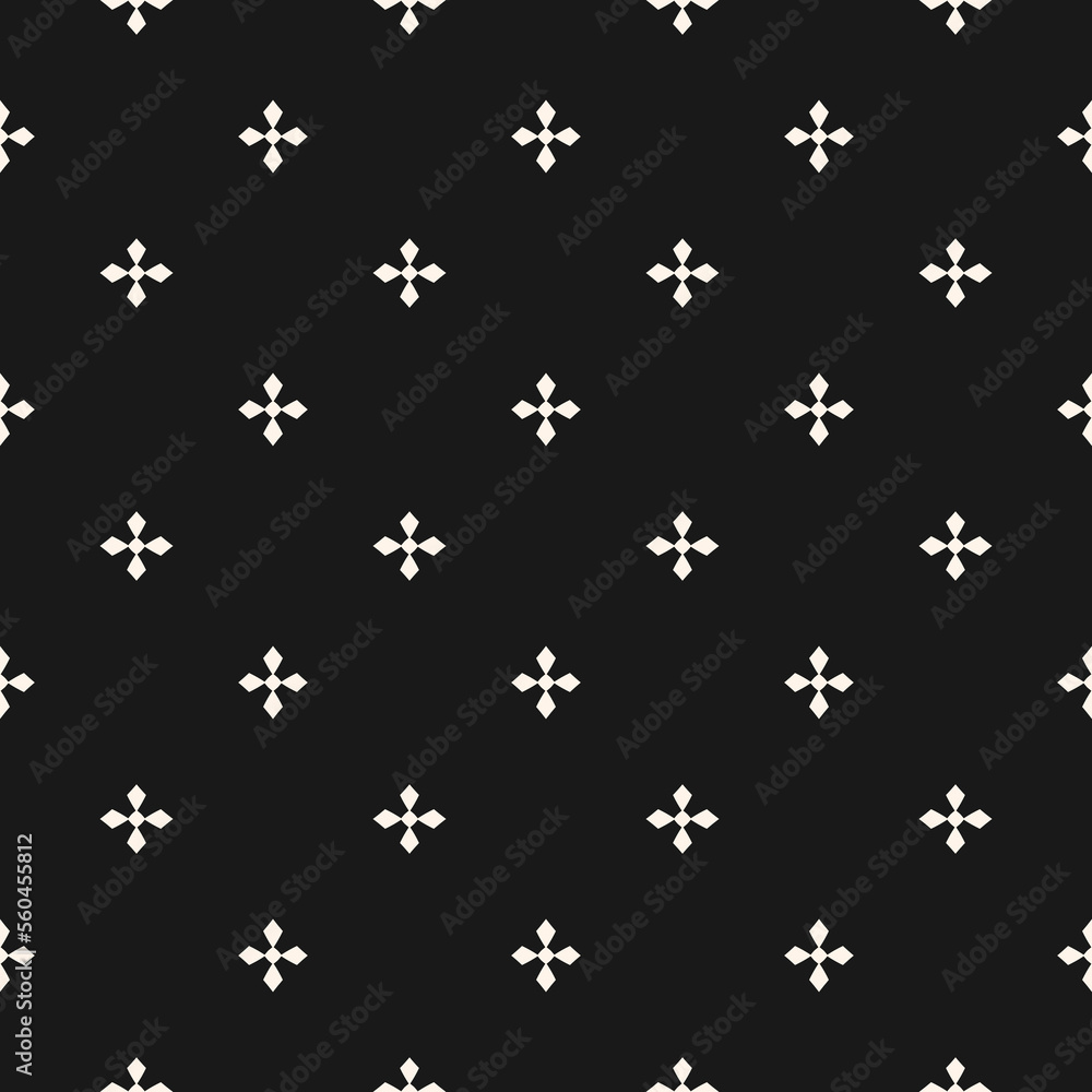 Simple minimalist floral seamless pattern in Gothic style. Black and white vector texture with small flower silhouettes, crosses. Elegant minimal monochrome ornament. Abstract dark floral background