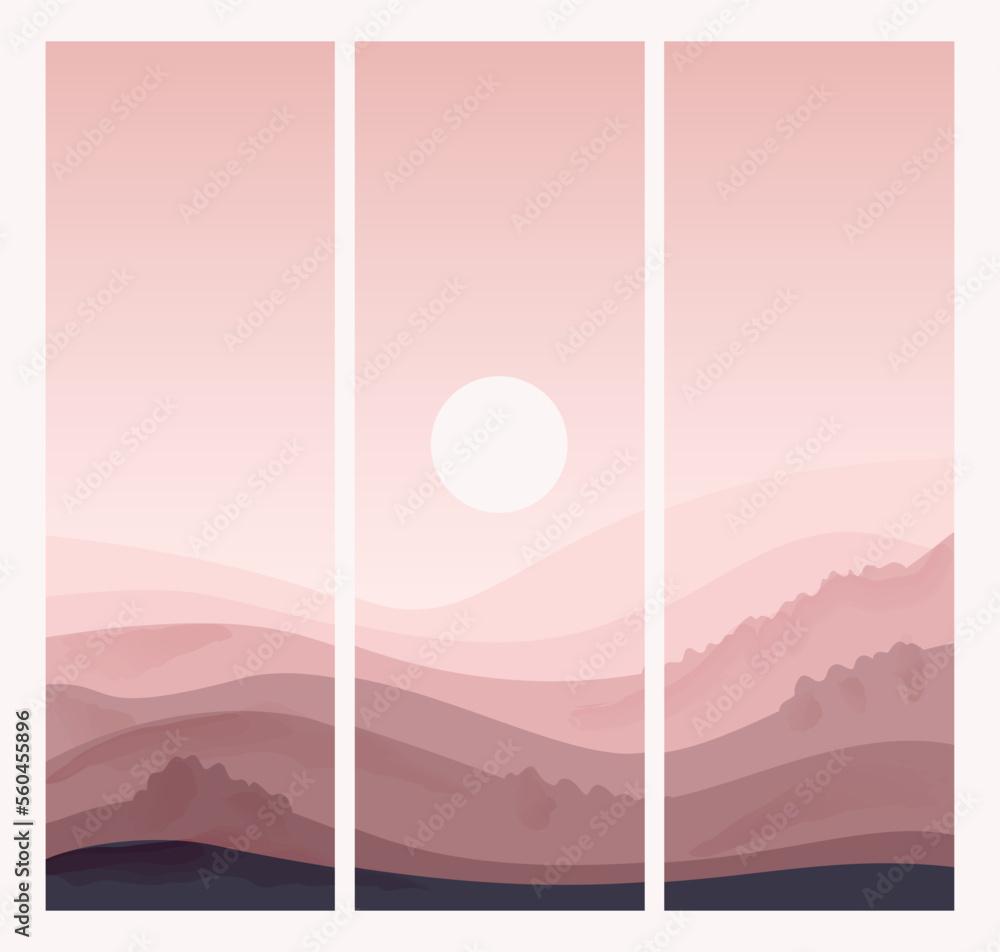 Three posters with a mountain landscape and sunset or sunrise. Vector ...
