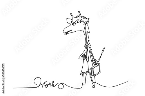 continuous one line sleepy giraffe cartoon character going to work