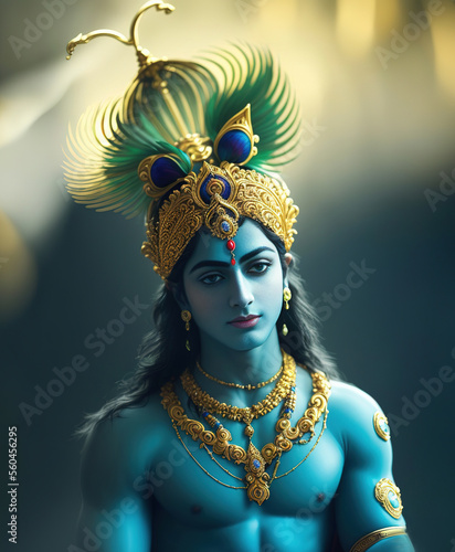 Close up portrait of Lord Krishna wearing a a crown with peacock feathers. Generative AI.