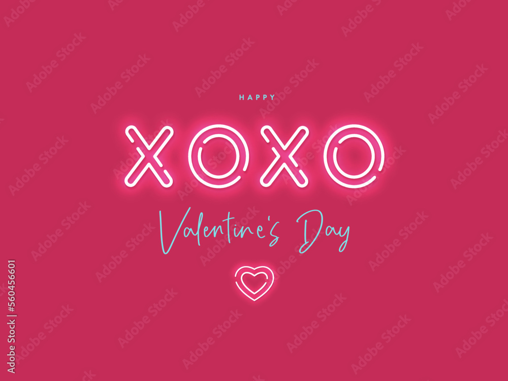 Happy Valentines Day. Modern design with calligraphy and neon lighting text XoXo on pink background. Vector illustration for greeting card, banner, poster or flyer design, social media and fashion ads