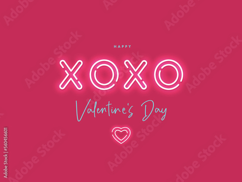 Happy Valentines Day. Modern design with calligraphy and neon lighting text XoXo on pink background. Vector illustration for greeting card, banner, poster or flyer design, social media and fashion ads