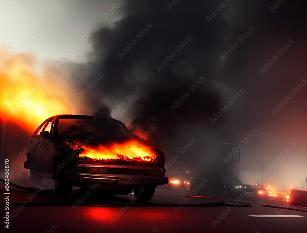 A burning car on a road. 