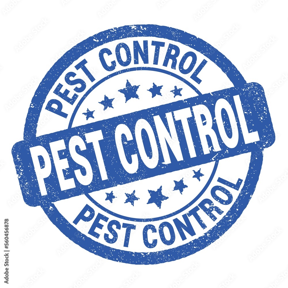 PEST CONTROL text written on blue round stamp sign. PEST CONTROL text written on blue round stamp sign.