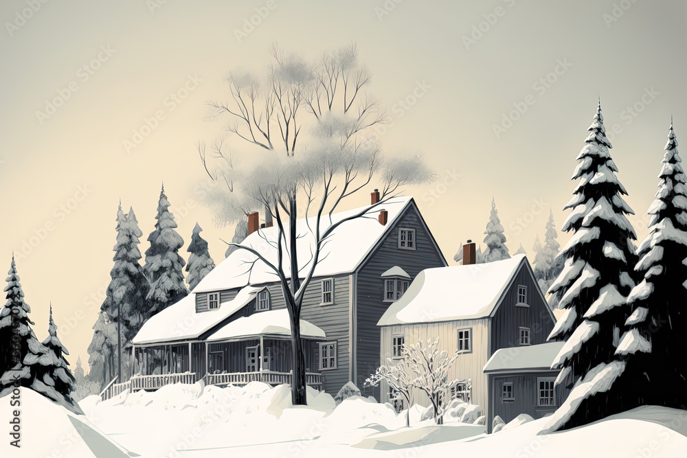 Illustration of Snowy Houses and a Tree in the Winter Season. Generative AI