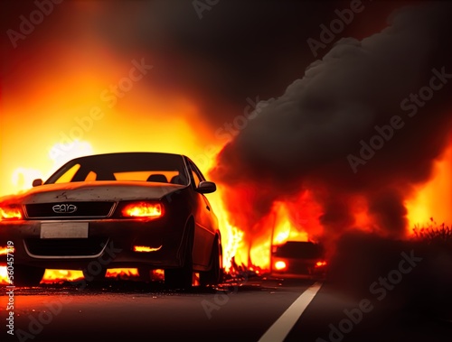 A burning car on a road.  © ECrafts