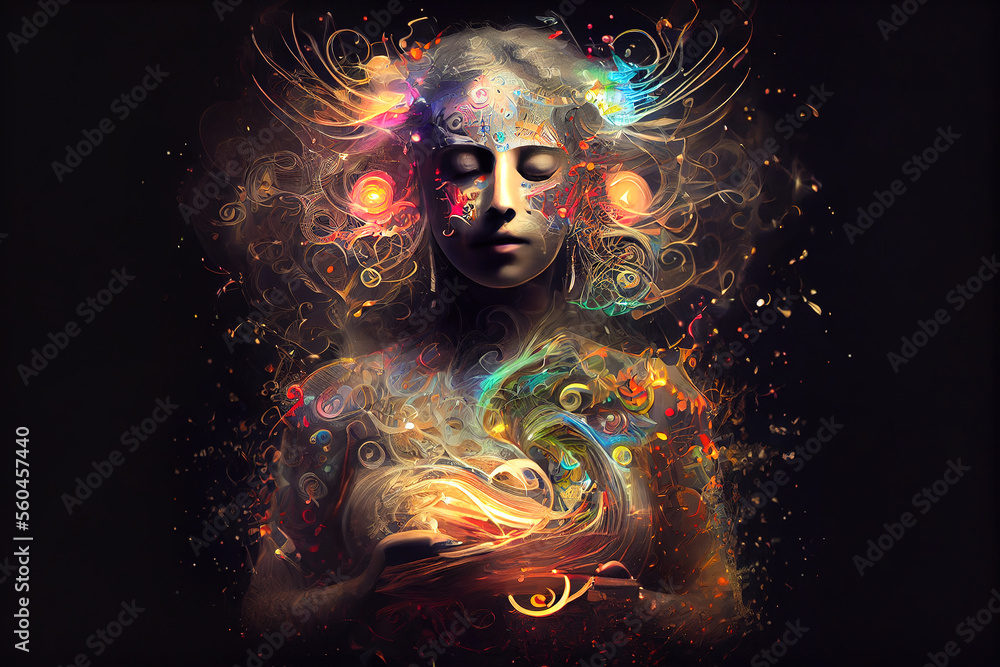 Mystical woman in meditation and sound healing  with glowing symbols and cosmic energy, holding an ancient book of wisdom, ideal for themes of spirituality and inner peace. generative ai