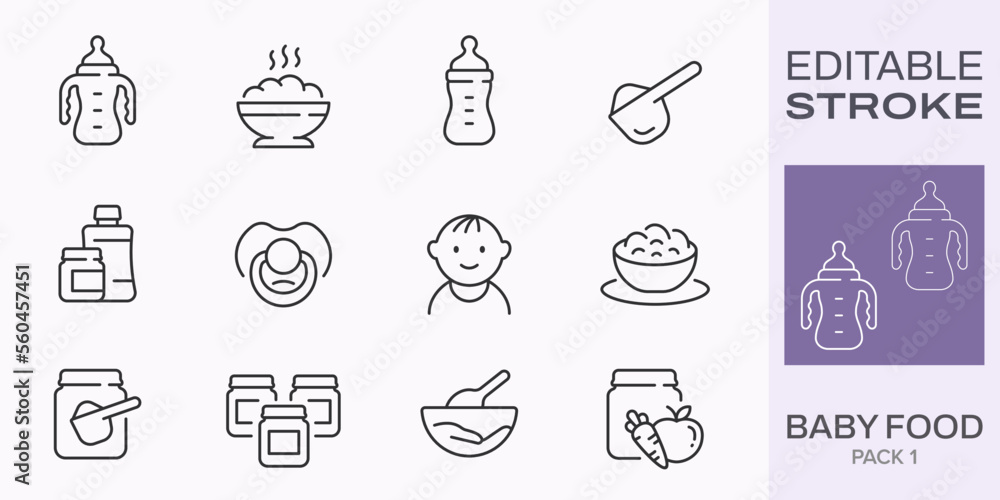 Baby food icons, such as bottle, spoon, jar, powder and more. Editable stroke.