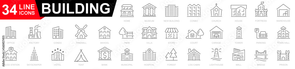 Building line icon set. Outline icons collection. Such as city, apartment, condominium, town. Vector illustration.