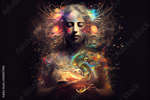 Mystical woman in meditation and sound healing  with glowing symbols and cosmic energy, holding an ancient book of wisdom, ideal for themes of spirituality and inner peace. generative ai
