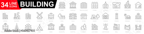 Building line icon set. Outline icons collection. Such as city, apartment, condominium, town. Vector illustration.
