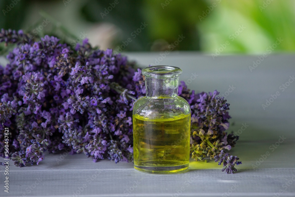 A bottle of essential oil with fresh blooming lavender twigs A bottle of essential oil with fresh blooming lavender twigs