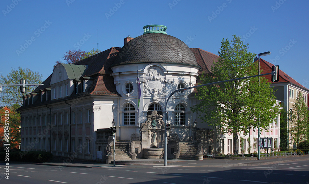 Historical Luitpold bath house with its dome and open stairway in the city of Kitzingen, Franken region in Germany