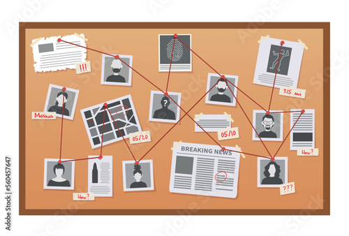 Detective board isolated on white background. Detective investigation board. Crime investigation. Vector stock